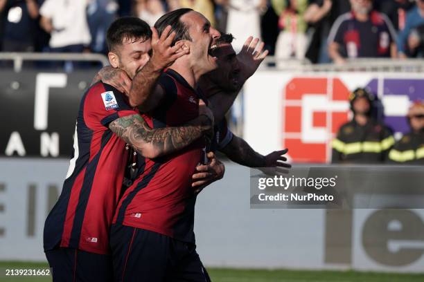 Tommaso Augello is celebrating a goal during the Serie A TIM match between Cagliari Calcio and Atalanta BC in Italy, on April 7, 2024.