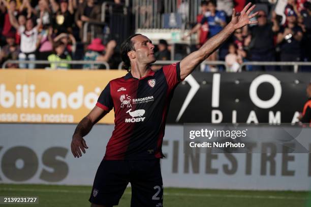 Tommaso Augello is celebrating a goal during the Serie A TIM match between Cagliari Calcio and Atalanta BC in Italy, on April 7, 2024.