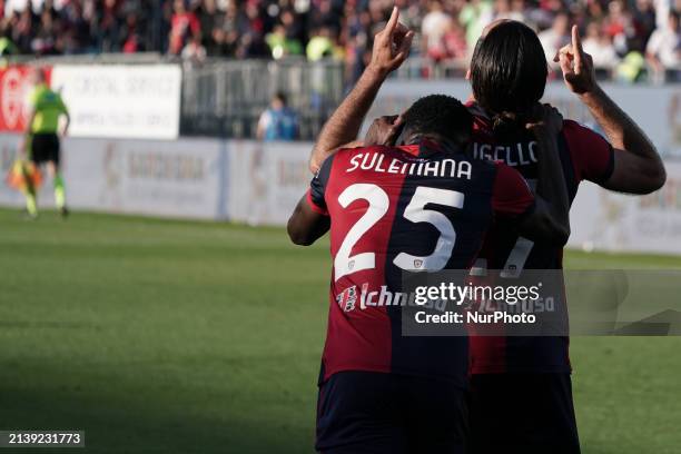 Tommaso Augello is celebrating a goal during the Serie A TIM match between Cagliari Calcio and Atalanta BC in Italy, on April 7, 2024.