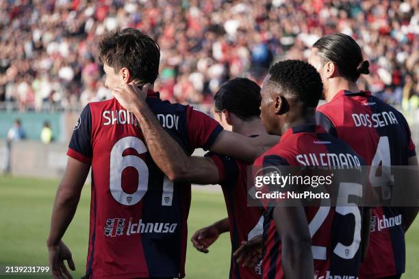 Tommaso Augello is celebrating a goal during the Serie A TIM match between Cagliari Calcio and Atalanta BC in Italy, on April 7, 2024.