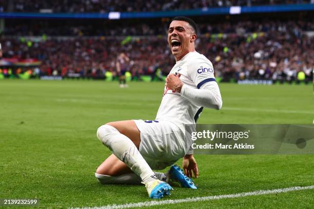 Pedro Porro of Tottenham Hotspur celebrates scoring the third goal during the Premier League match between Tottenham Hotspur and Nottingham Forest at...