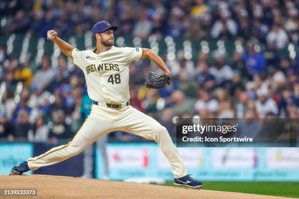 Milwaukee Brewers starting pitcher Colin Rea during a game between the Milwaukee Brewers and the Miami Marlins on April 7 at American Family Field in...