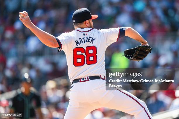 Tyler Matzek of the Atlanta Braves pitches in the eighth inning against the Arizona Diamondbacks at Truist Park on April 7, 2024 in Atlanta, Georgia.