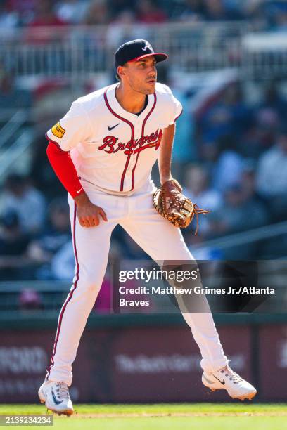 Matt Olson of the Atlanta Braves stands at first base in the ninth inning against the Arizona Diamondbacks at Truist Park on April 7, 2024 in...