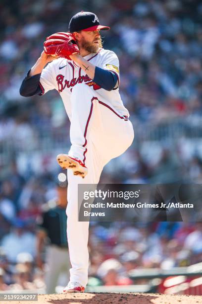 Pierce Johnson of the Atlanta Braves pitches in the ninth inning against the Arizona Diamondbacks at Truist Park on April 7, 2024 in Atlanta, Georgia.