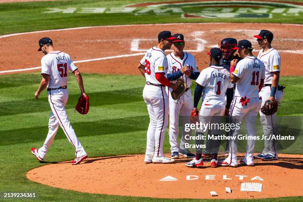 Chris Sale of the Atlanta Braves exits the game in the sixth inning against the Arizona Diamondbacks at Truist Park on April 7, 2024 in Atlanta,...