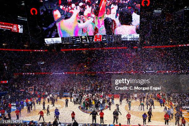 Confetti falls after the game between the South Carolina Gamecocks and the Iowa Hawkeyes during the NCAA Women's Basketball Tournament National...