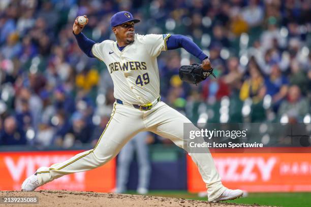 Milwaukee Brewers relief pitcher Thyago Vieira during a game between the Milwaukee Brewers and the Miami Marlins on April 7 at American Family Field...