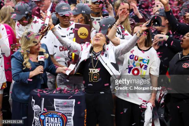Head coach Dawn Staley of the South Carolina Gamecocks celebrates after defeating the Iowa Hawkeyes during the NCAA Women's Basketball Tournament...