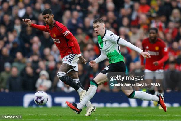 Marcus Rashford of Manchester United and Conor Bradley of Liverpool during the Premier League match between Manchester United and Liverpool FC at Old...