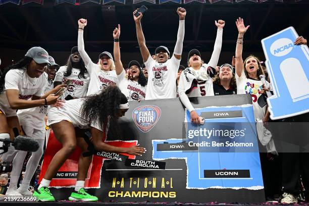 The South Carolina Gamecocks celebrate after defeating the Iowa Hawkeyes during the NCAA Women's Basketball Tournament National Championship at...