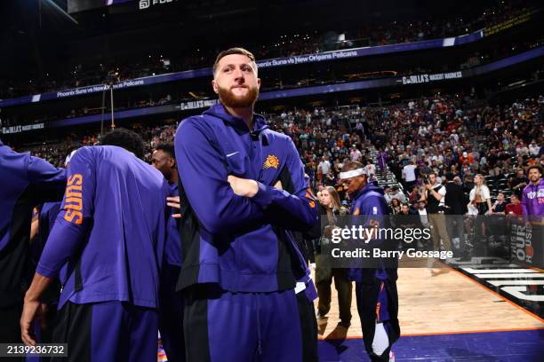 Jusuf Nurkic of the Phoenix Suns looks on before the game against the New Orleans Pelicans on April 7, 2024 at Footprint Center in Phoenix, Arizona....