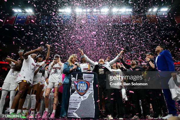 The South Carolina Gamecocks celebrate after defeating the Iowa Hawkeyes during the NCAA Women's Basketball Tournament National Championship at...