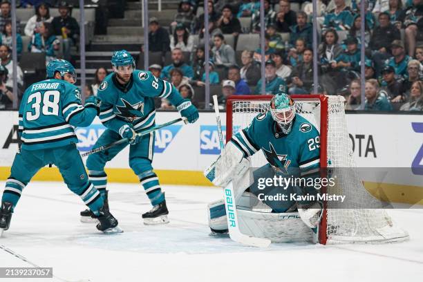 Mackenzie Blackwood of the San Jose Sharks makes a save in the first period against the Arizona Coyotes at SAP Center on April 7, 2024 in San Jose,...