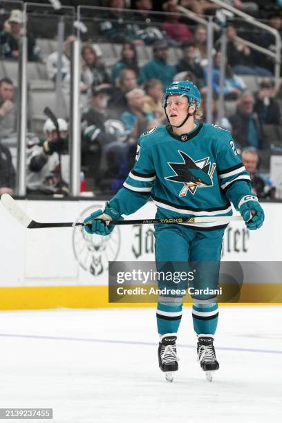 Fabian Zetterlund of the San Jose Sharks looks on during the first period against the Arizona Coyotes at SAP Center on April 7, 2024 in San Jose,...