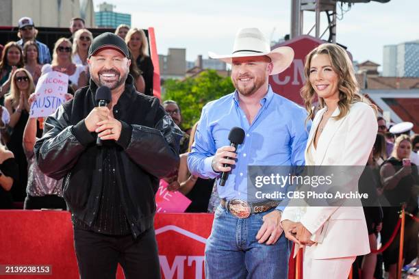 Cody Alan, Cody Johnson and Brandi Johnson at the 2024 CMT Music Awards in Austin, Texas on Sunday, April 7, 2024.