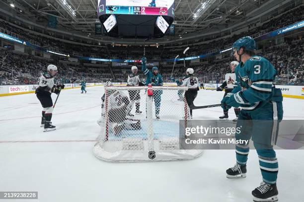 Luke Kunin of the San Jose Sharks celebrates scoring a goal in the second period against the Arizona Coyotes at SAP Center on April 7, 2024 in San...