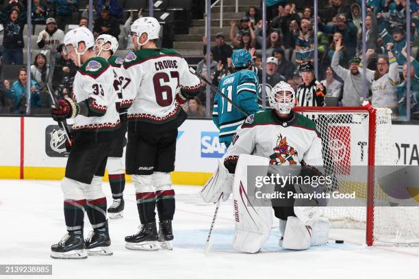 Luke Kunin of the San Jose Sharks scores a goal during the second period against the Arizona Coyotes at SAP Center on April 7, 2024 in San Jose,...