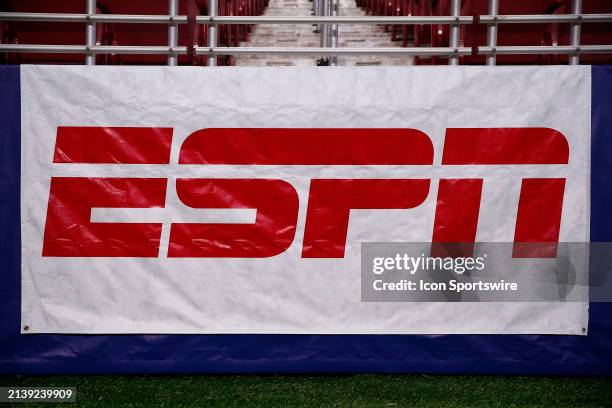 The ESPN Logo on display during the USL football game between the Arlington Renegades and the St. Louis Battlehawks on April 06, 2024 at The Dome at...