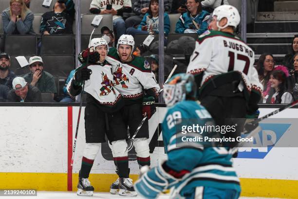 Nick Schmaltz of the Arizona Coyotes celebrates after scoring against the San Jose Sharks during the third period at SAP Center on April 7, 2024 in...
