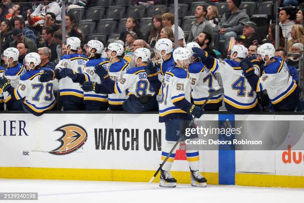 Matthew Kessel of the St. Louis Blues celebrates his first NHL game with teammates during the first period against the Anaheim Ducks at Honda Center...