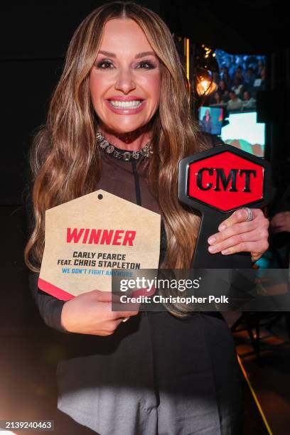 Carly Pearce with the Collaborative Video Of The Year award for "We Don't Fight Anymore" at the 2024 CMT Music Awards held at the Moody Center on...