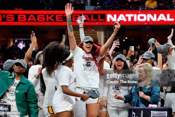South Carolina's Kamilla Cardoso is recognized as the Most Outstanding Player as the Gamecocks celebrate winning the National Championship against...