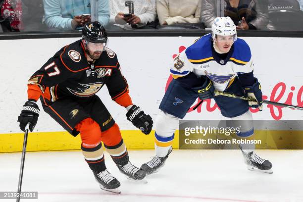 Alex Killorn of the Anaheim Ducks and Sammy Blais of the St. Louis Blues battle for position during the second period at Honda Center on April 7,...