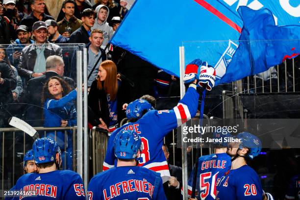 Chris Kreider and Matt Rempe of the New York Rangers celebrate a 5-2 win against the Montreal Canadiens at Madison Square Garden on April 7, 2024 in...