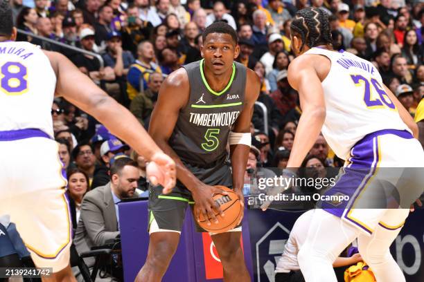 Anthony Edwards of the Minnesota Timberwolves handles the ball during the game against the Los Angeles Lakers on April 7, 2024 at Crypto.Com Arena in...