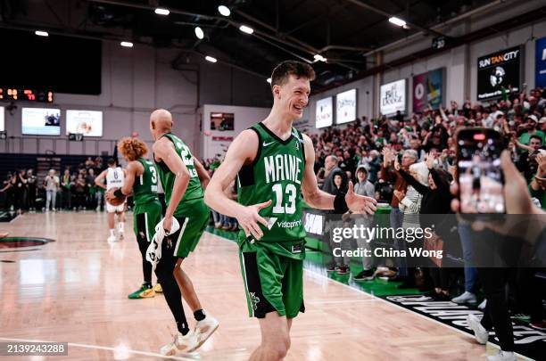 April 04: Drew Peterson of the Maine Celtics celebrates a win against the Long Island Nets during the 2023-24 G League Eastern Conference Finals on...
