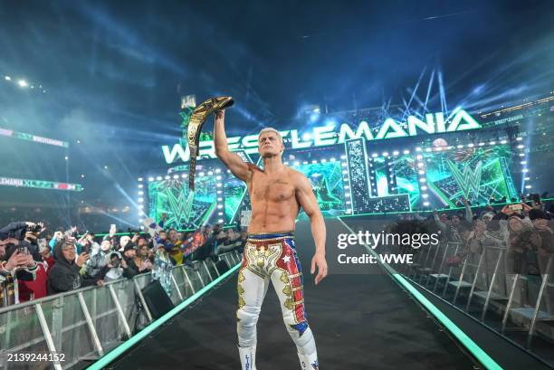 Cody Rhodes celebrates during Night Two of WrestleMania 40 at Lincoln Financial Field on April 7, 2024 in Philadelphia, Pennsylvania.