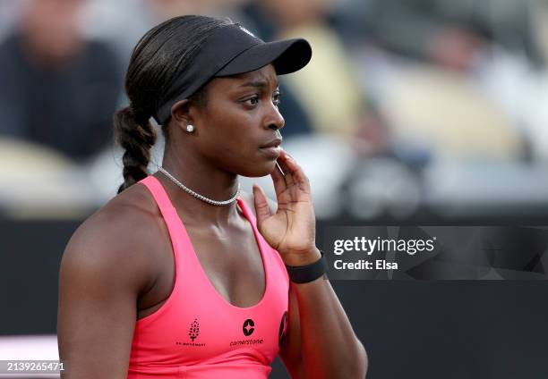 Sloane Stephens of the United States reacts in the second set against Danielle Collins of the United States on Day 4 of the WTA Tour at Credit One...