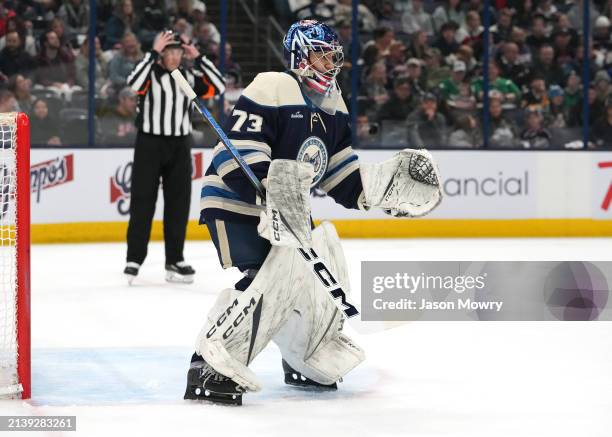 Jet Greaves of the Columbus Blue Jackets tends net during the first period against the New York Islanders at Nationwide Arena on April 04, 2024 in...