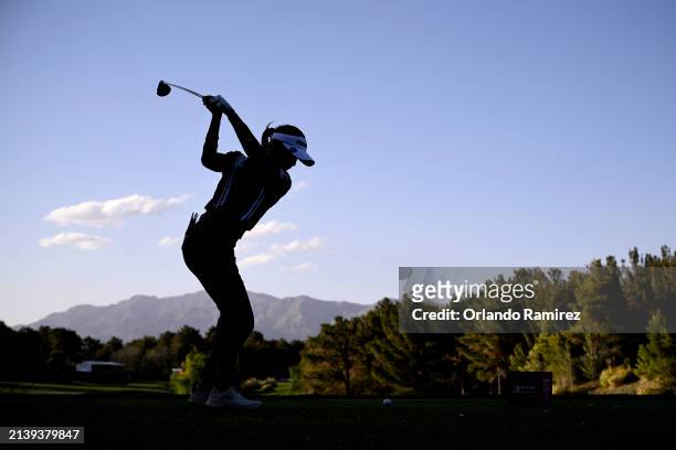 Lydia Ko of New Zealand tees off on the 18th hole on day two of the T-Mobile Match Play presented by MGM Rewards at Shadow Creek Golf Course on April...