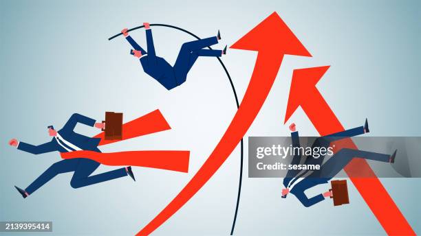conquering adversity, determination and perseverance to overcome obstacles, the hardships and challenges of success, businessmen sprinting to the finish line, pole vault jumping arrows, high jump jumping arrows - pole vault stock illustrations