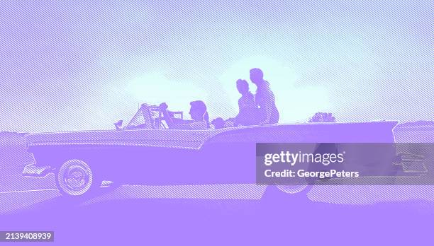 young adults riding in vintage car. 1950's retro style - woman-driving-car-1950s stock illustrations