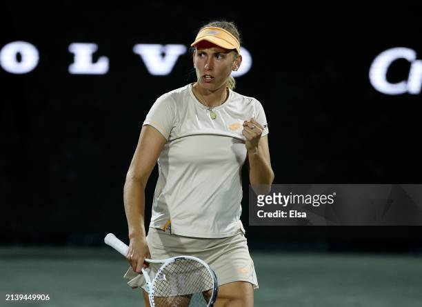 Elise Mertens of Belgium reacts in the first set against Elina Svitolina of the Ukraine on Day 4 of the WTA Tour at Credit One Stadium on April 04,...