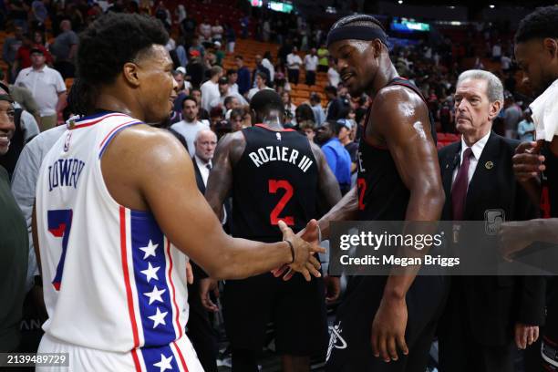 Kyle Lowry of the Philadelphia 76ers and Jimmy Butler of the Miami Heat shake hands after their game at Kaseya Center on April 04, 2024 in Miami,...