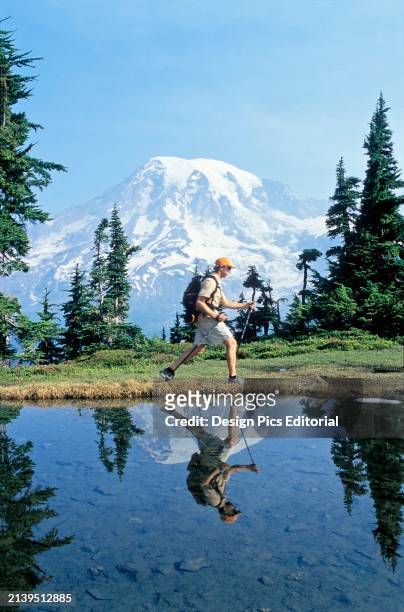 Mount Rainier National Park, Washington, Usa; Fastpacker Running By Lake