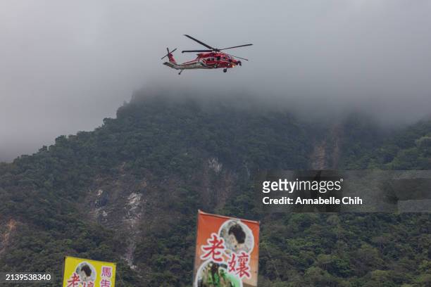 Rescue helicopter flies into the Taroko Gorge for a rescue operation on April 05, 2024 in Hualien, Taiwan. There are still hundreds of victims stuck...