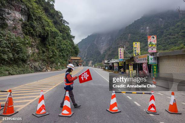 Checkpoint is seen outside of the Taroko Gorge on April 05, 2024 in Hualien, Taiwan. There are still hundreds of victims stuck in the mountains after...