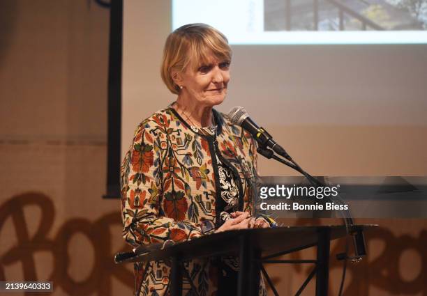 Kathy Gannon speaks onstage during the International Women's Media Foundation Celebrates 2024 Anja Niedringhaus Courage In Photojournalism Awards at...