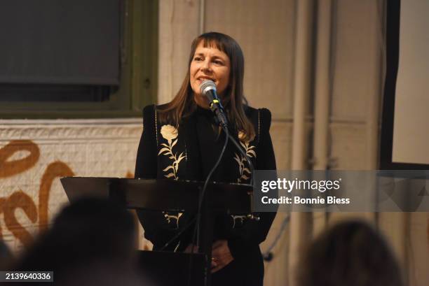 Ami Beckmann speaks onstage during the International Women's Media Foundation Celebrates 2024 Anja Niedringhaus Courage In Photojournalism Awards at...