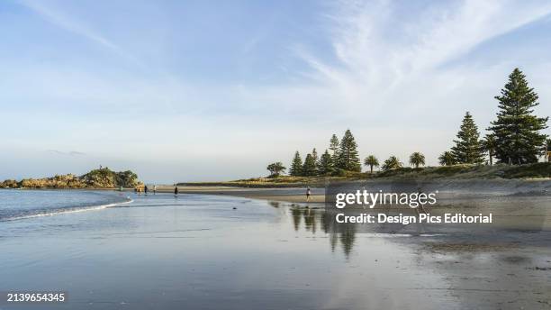 People walking along the surf on the beach, Bay of Plenty. Bay of Plenty Region, New Zealand.