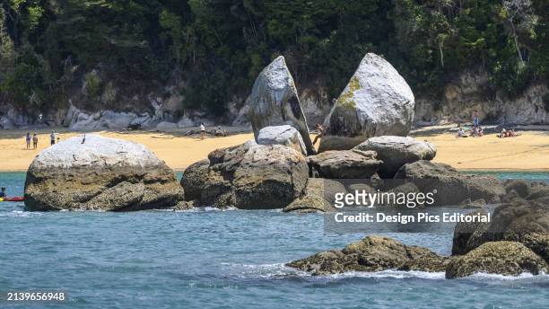 People enjoying the beach at Abel Tasman National Park, a wilderness reserve at the north end of New Zealand’s South Island. Tasman District, New...