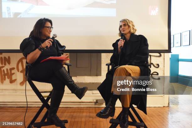 Bernadette Tuazon and Anastasia Taylor-Lind speak onstage during the International Women's Media Foundation Celebrates 2024 Anja Niedringhaus Courage...