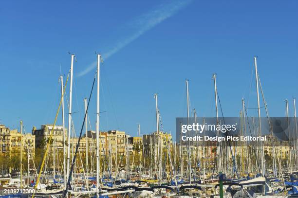 Busy Harbour Full of Sailboat Masts and Building Along The Waterfront. Barcelona, Spain.