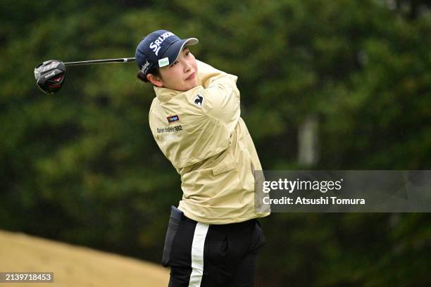 Sakura Koiwai of Japan hits her tee shot on the 5th hole during the first round of Fujifilm Studio Alice Ladies Open at Ishizaka Golf Club on April...