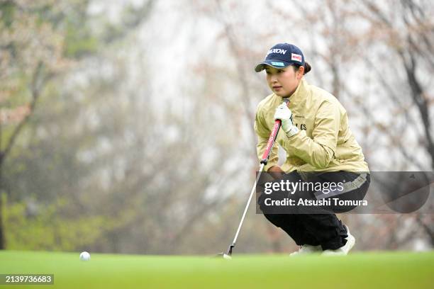Sakura Koiwai of Japan lines up a putt on the 5th green during the first round of Fujifilm Studio Alice Ladies Open at Ishizaka Golf Club on April 5,...